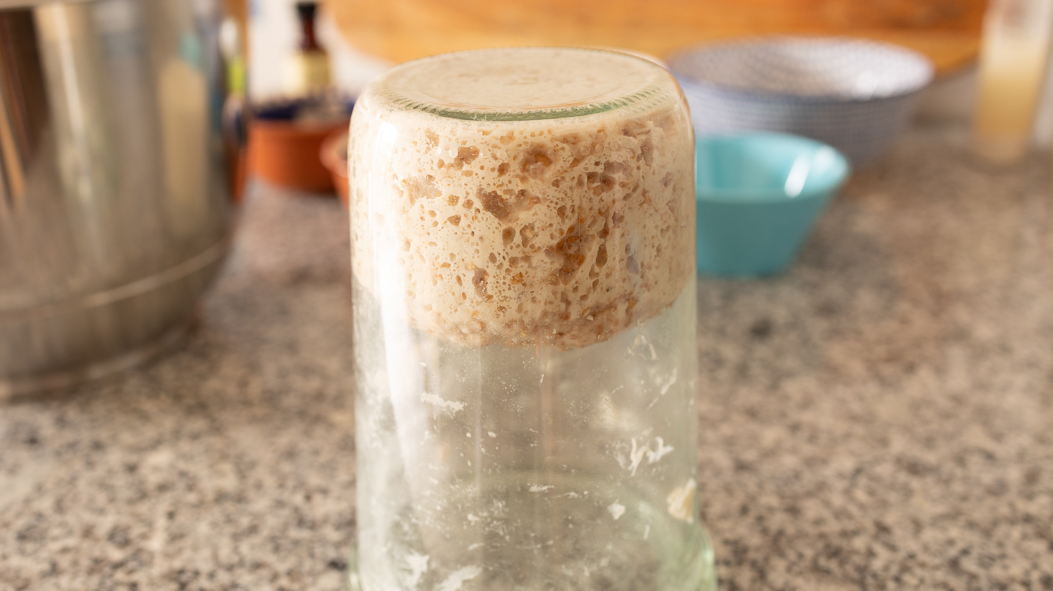 A stiff sourdough starter can easily be flipped without falling out of your starter jar. It has a very low hydration compared to other starters.