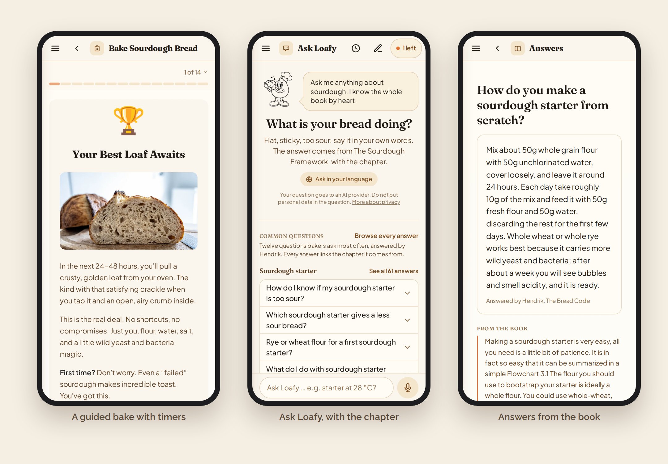 Three phone screens of Loafy: a guided sourdough bake with timers